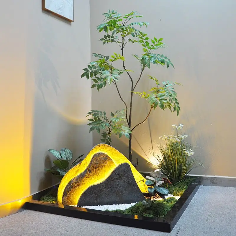 

Office rockery landscape landscaping combination, simulated fake green plants, modern Chinese entrance layout,
