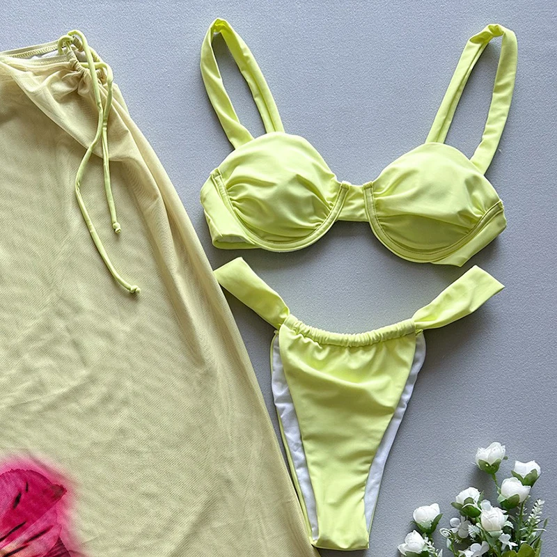 Conjunto de tres piezas Micro Bikini traje de baño mujer estampado Retro cordón cubrir Tanga Push Up Bikini playa vacaciones fiesta Biquini