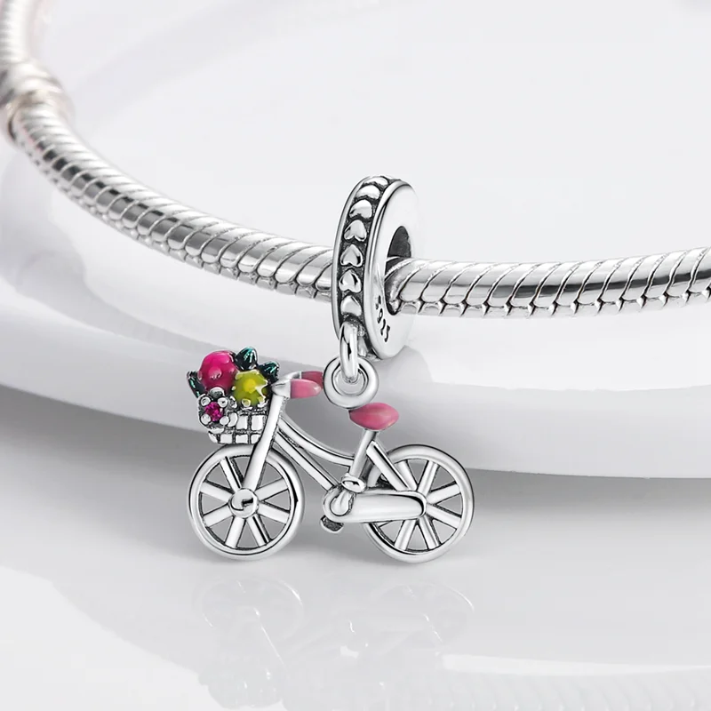 

925 Sterling Silver Beautiful Eternal Love Charms Bead CZ Zircon Bicycle Dangle Fit Original Bracelet DIY Women Jewelry Gift