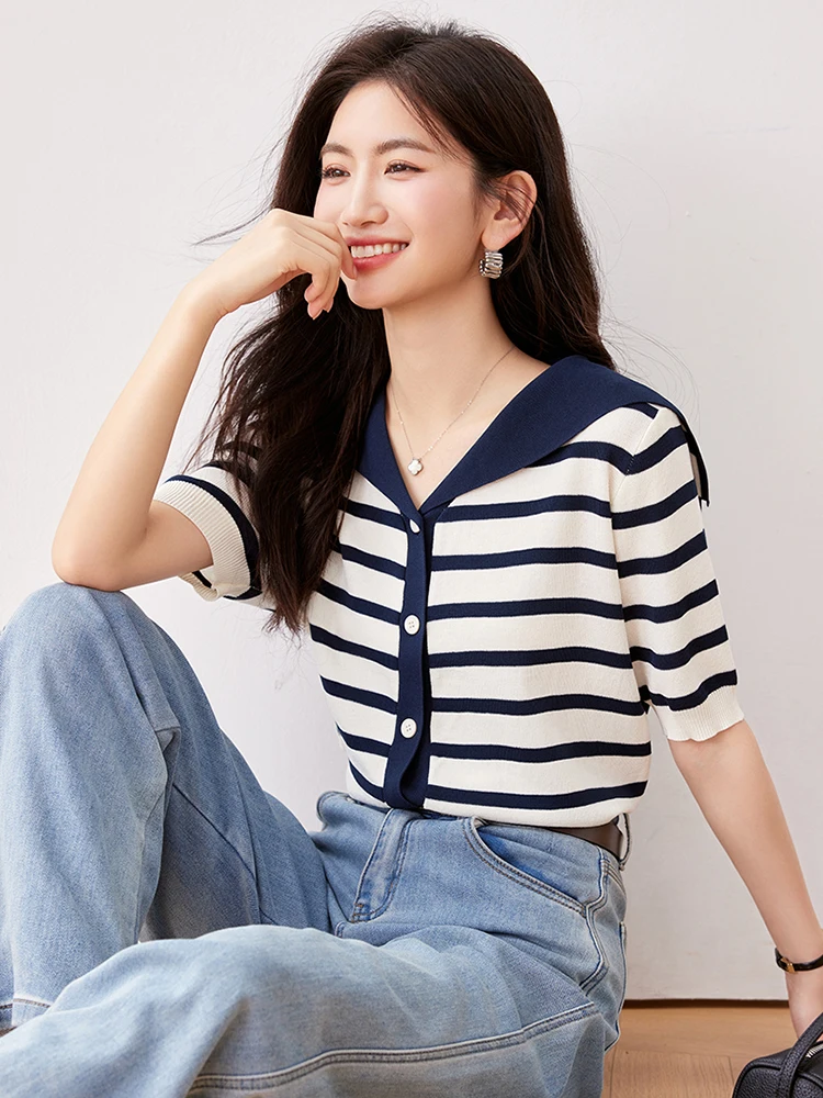 Korean V-neck Striped Knitted Cardigan For Women 2024 New Summer French Simple Single Breasted Short Sleeve Chic Top