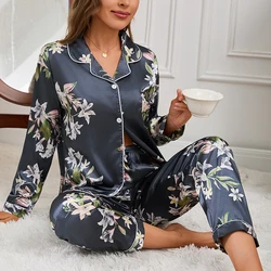 Women's pajama sets print satin long sleeve button flip collar shirt carry pockets and soft pants casual comfortable home clothe