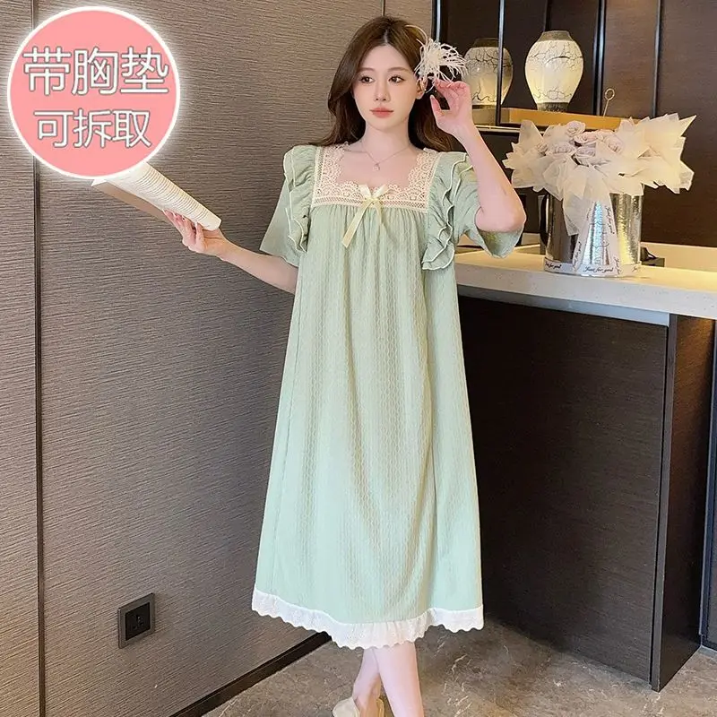 Женское хлопковое платье для сна размера 5XL с накладкой на грудь, летняя домашняя одежда с короткими рукавами, свободная ночная рубашка средней длины в стиле принцессы