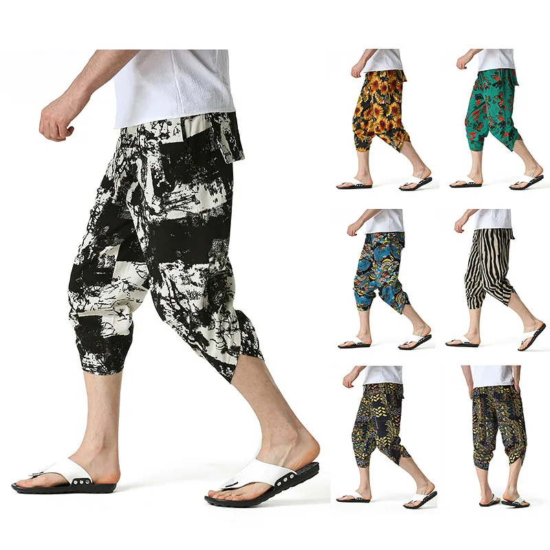 

2024 Men's Harlan Capris Wide Legged Men's Capris Summer New Mid Rise Casual Printed Linen Pants