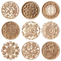 Carving Natural Wood Applique Wooden Figurines Crafts Corner Unpainted Round Frame Wall Door Furniture Woodcarving Decorative