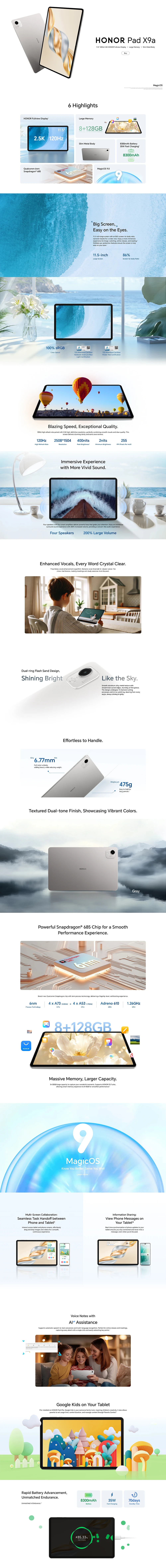 HONOR Pad X9a,EU Version WIFI Tablet, 11.5-inch 120Hz 2.5K HONOR Fullview Display,8300mAh Battery,Octa-core Processor,8MP Camera