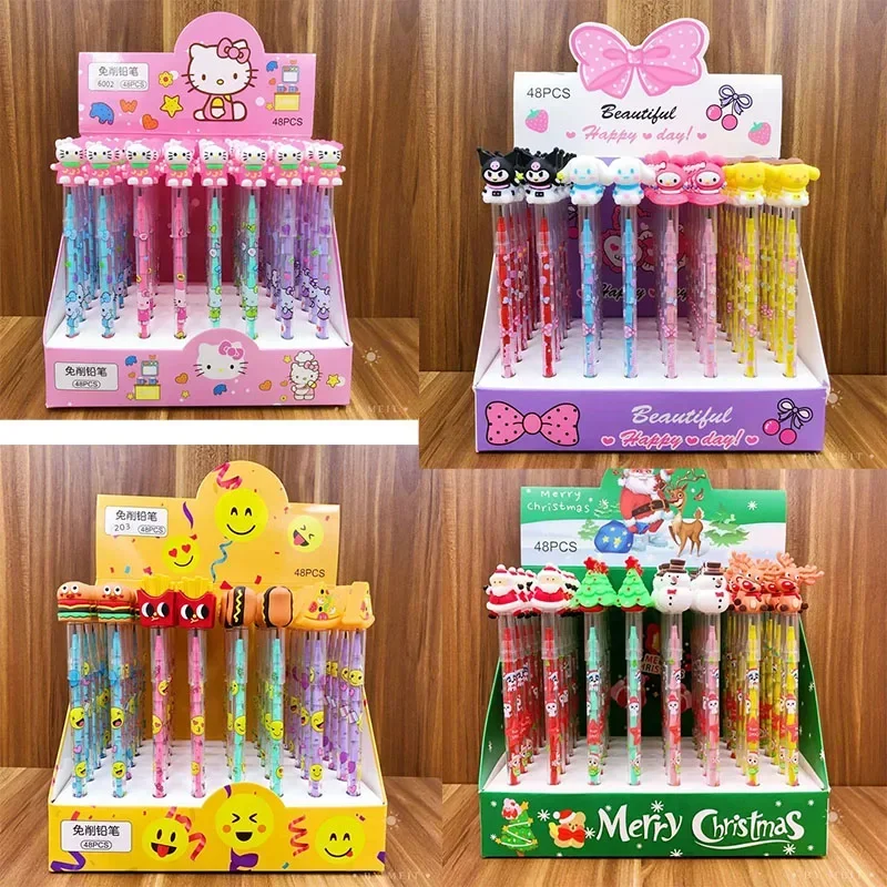 

Sanrio 48pcs Bullet Pencil-free Stationery Kawaii Hello Kitty Kuromi Panda Silicone Head Student Learning School Office Supplie