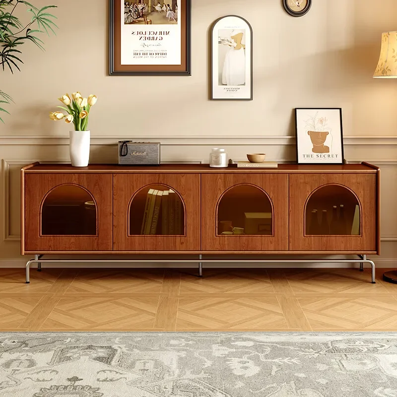 Medieval Solid Wood TV Cabinet Retro Roman Arched Storage Console Low Floor Unit for Living Room Integrated Entertainment