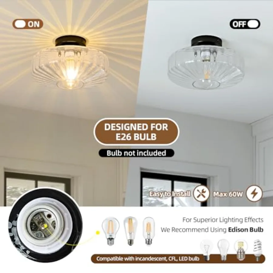 Glass Semi Flush Ceiling Lights - 12 in Vintage Mid Century Modern Lighting Fixture - Black Drum Unique Art Deco Mount Light Fi view 2