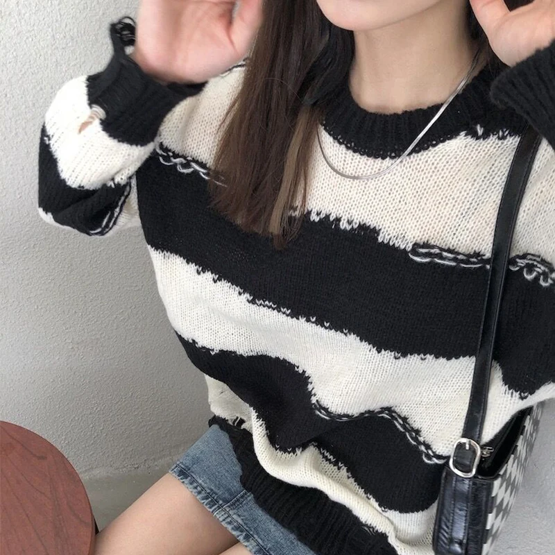 Striped Loose Sweater Knit Pullover Women Long Sleeve Top Hole Gothic American Street Style Korean Fashion Jumper Vintage Autumn