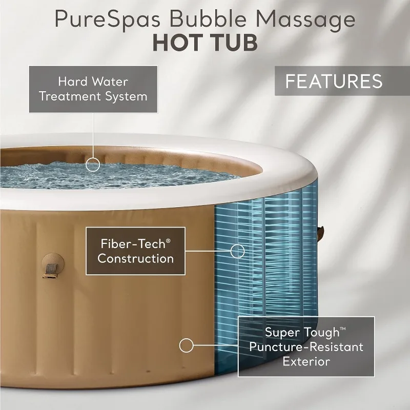 PureSpa 4 Person Bubble Massage Inflatable Hot Tub Spa Set, Sahara Tan