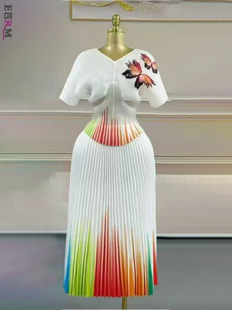 Egrm miyake solto design high-end conjuntos plissados temperamento impresso plissado cintura bat manga saia elegante conjunto de duas peças 7r2619