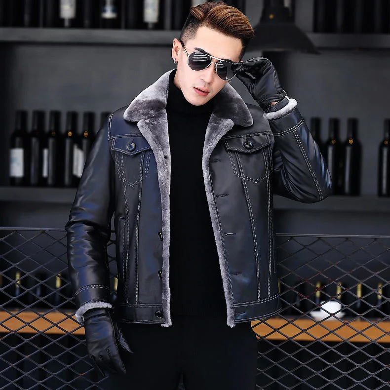 leather 100% genuine fur coat men jacketWinter Haining integrated lapel jacket for young Sheepskin fitted trend