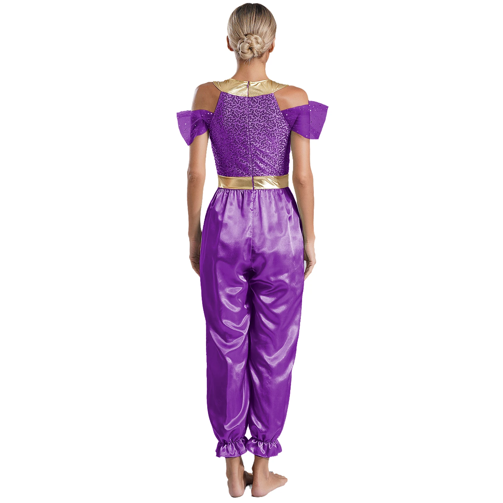 Women Belly Dance Arabian Princess Jumpsuit Halloween Carnival Costume Sequins Romper Theme Party Role Play Princess Pageant