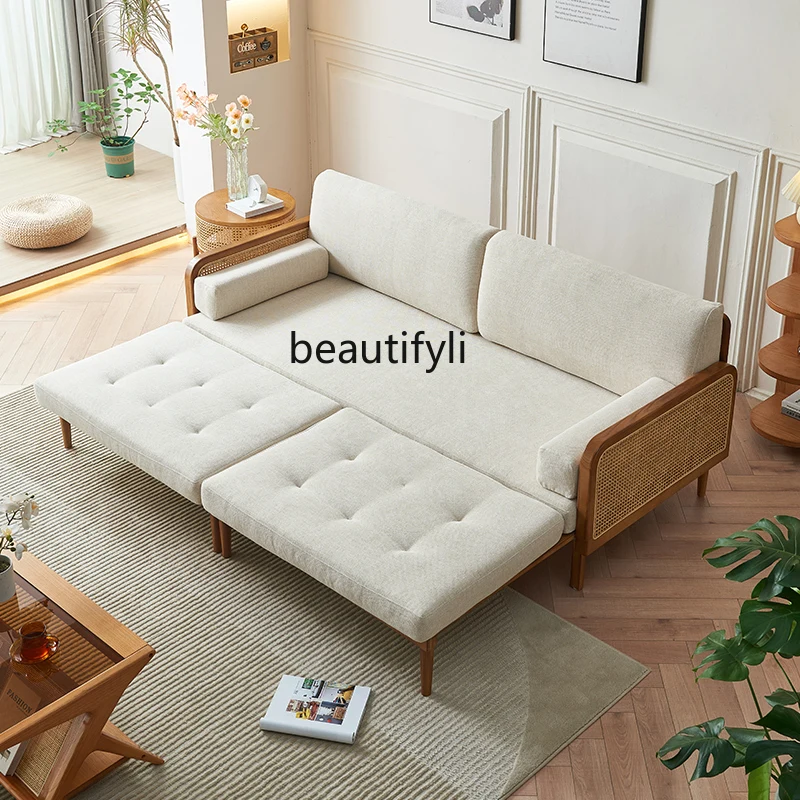 Nordic Sofa z litego drewna salon wielofunkcyjne łóżko Sofa rattanowa proste podwójne zastosowanie elastyczne meble składane