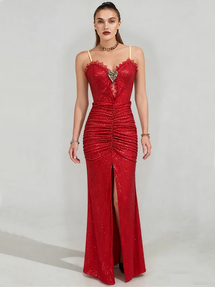 2025 مثير حزام الترتر طيات عالية سبليت فستان طويل المرأة الأخضر الترتر أكمام عارية الذراعين الدانتيل متابعة سليم فستان سهرة رسمي #6