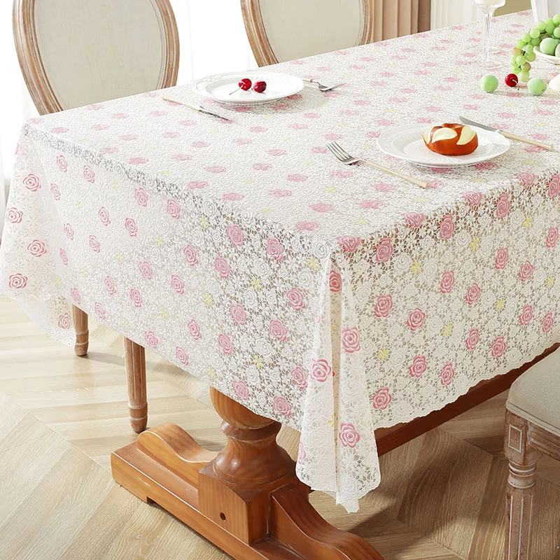 PVC Lace Tablecloth Waterproof Washable and Erasable Table Linen Tea Table Cloth Rectangular Table Cover Whitepink