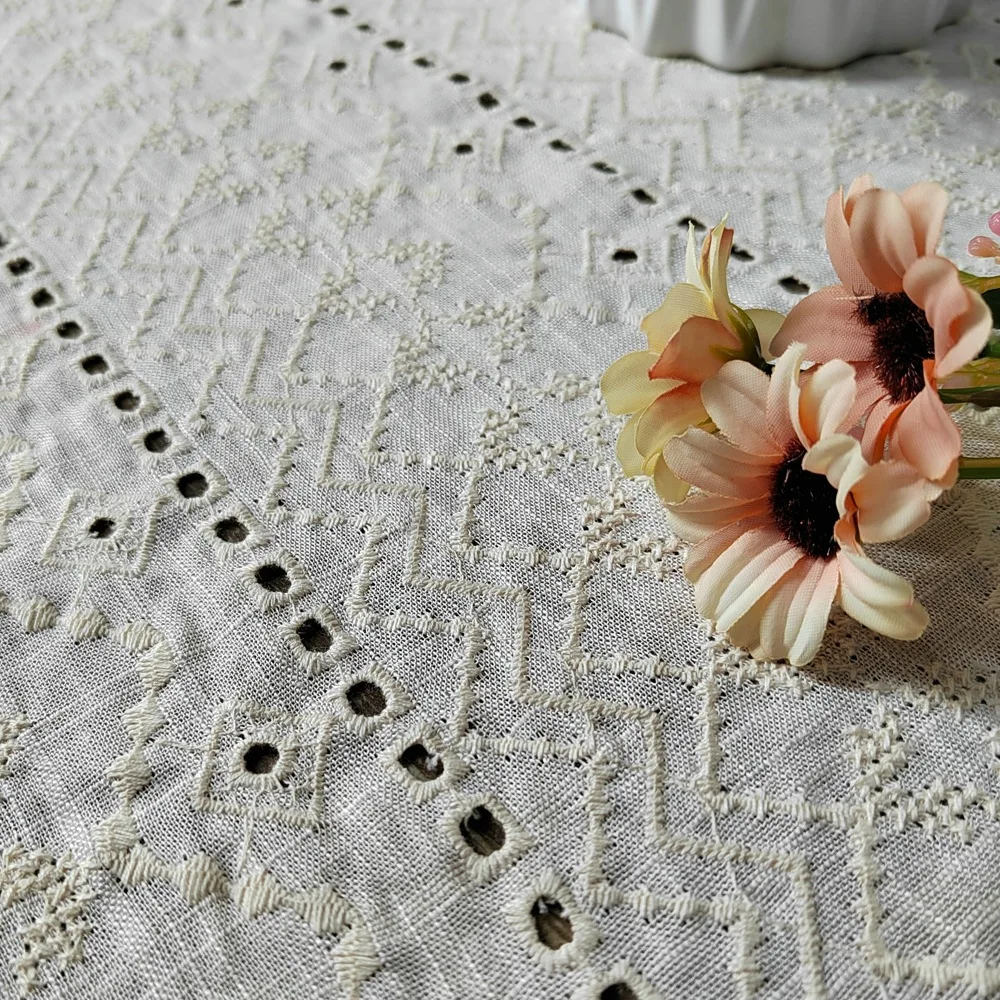 

Boutique khaki cotton linen hollow embroidery fabric suitable for wedding dress home decor sewing fabric according to the meter