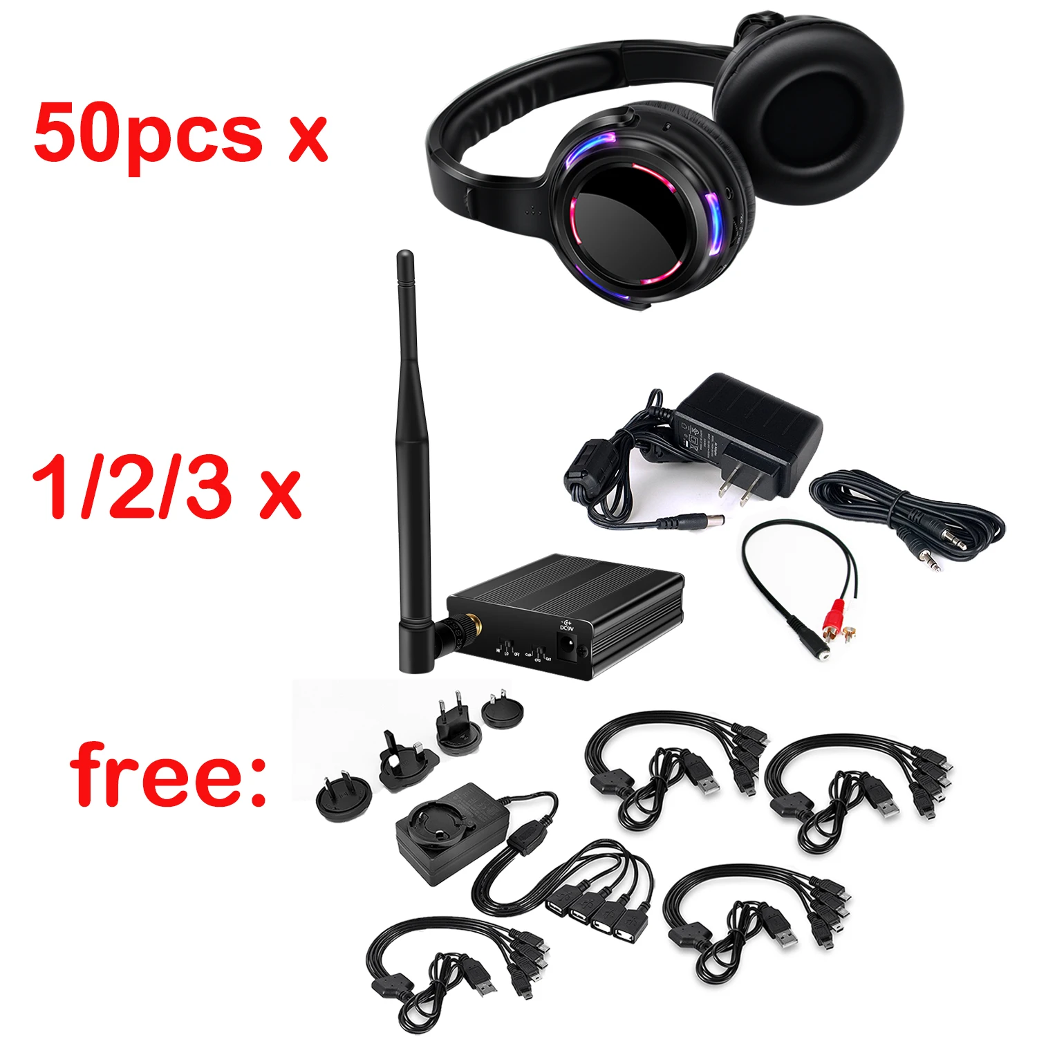 Professional Silent Disco 50 LED Headphones with 500m Distance Transmitters- RF Wireless For DJ Club Party Meeting Broadcast