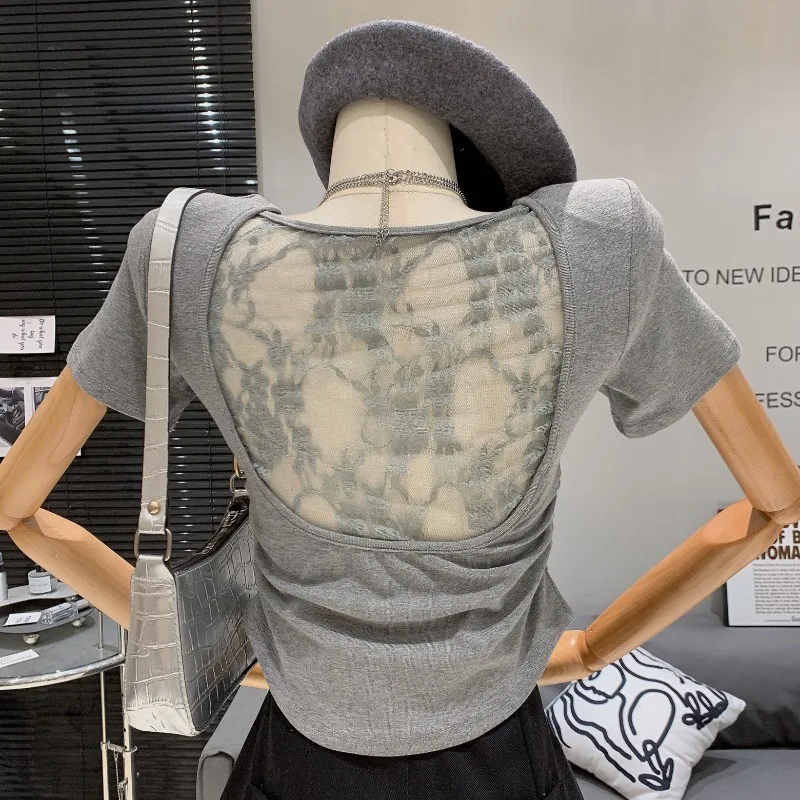 Back Hollow Out Lace Ropa De Mujer Short Sleeve Woman Clothing Pleated Tunic Clothes Summer T Shirt Pure Desire Style Camisetas