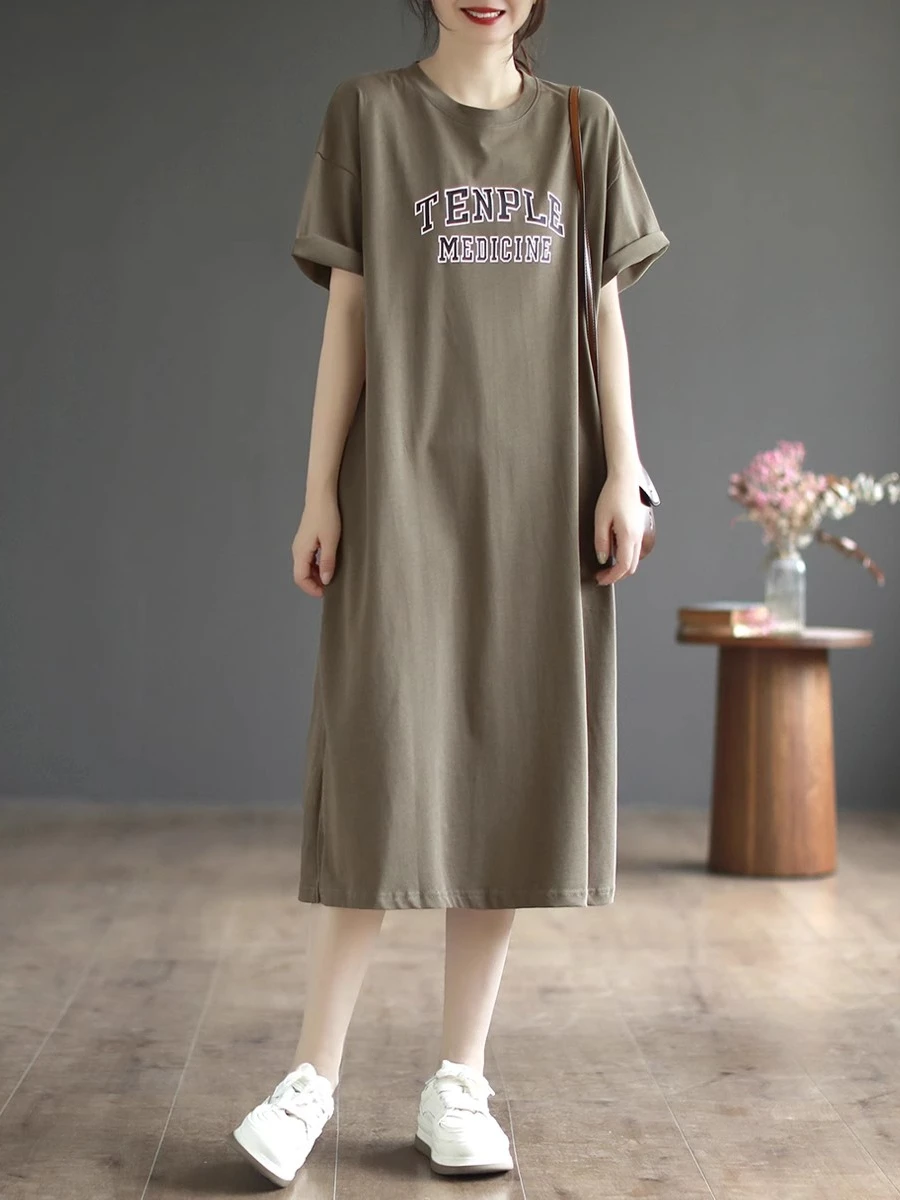 

Хлопковое летнее платье женское свободного кроя с коротким рукавом и круглым вырезом, миди-платье в художественном стиле с принтом, повседневное удобное платье-футболка