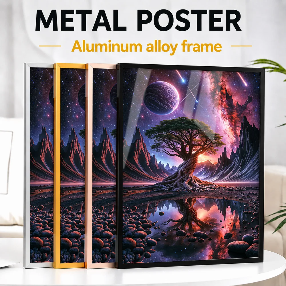 Cosmic Tree Fantasy Landscape Framed Aluminum Metal Poster Customized Scenic Tribute Wall Art For Travelers Decorating Office
