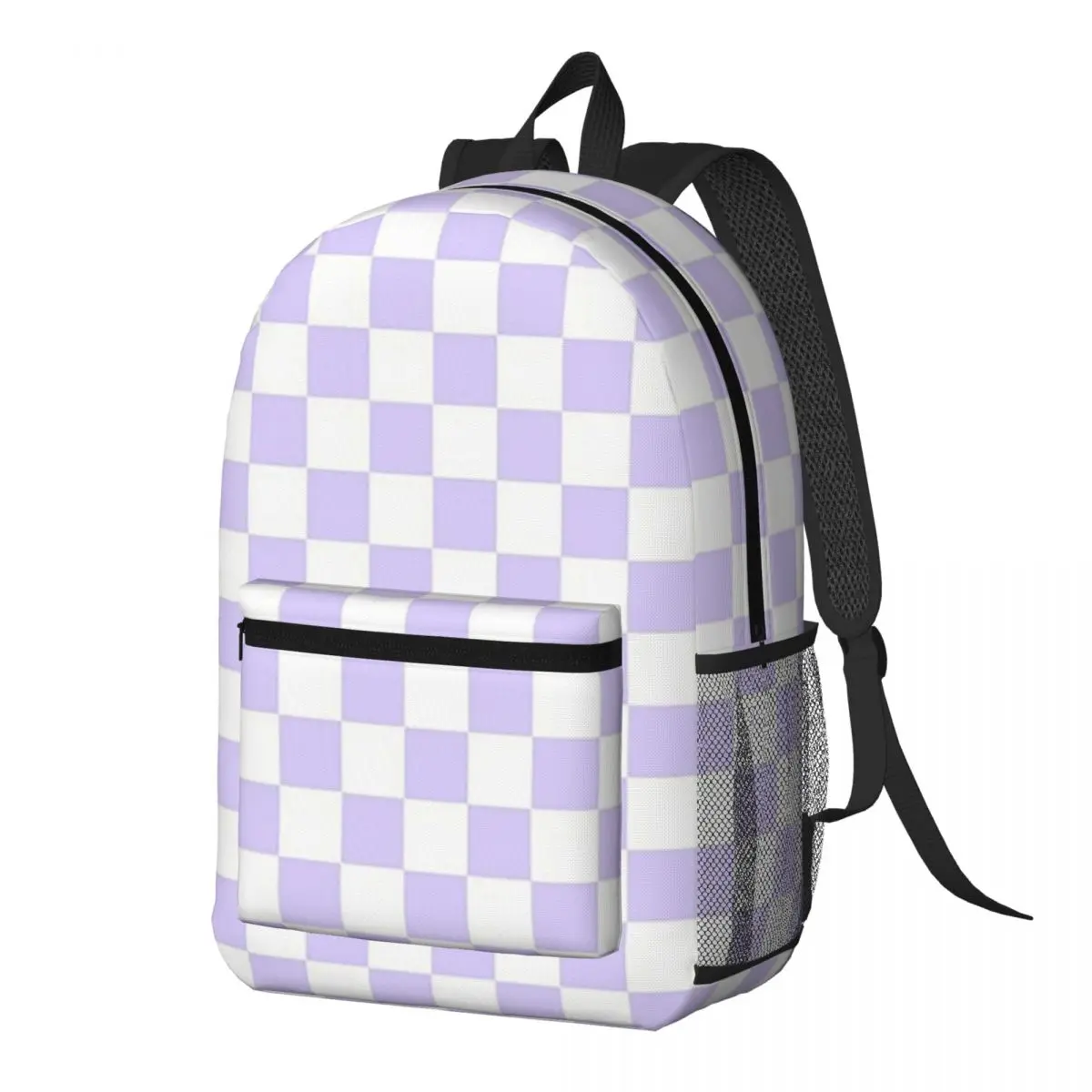 

White And Pale Lavender Violet Checkerboard Backpack Daypack Large Capacity Kids BookBag School Bag Shoulder Bags for Men Women