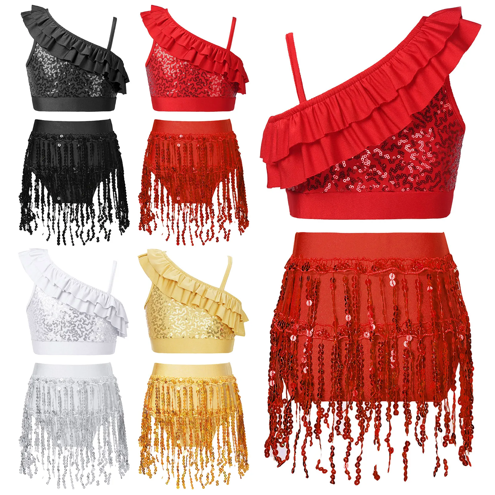 

6-14Y Kids Girl Latin Jazz Tango Cha-cha Dance Performance Outfits Cheerleading Dance Uniform Sequin Crop Top with Tassel Briefs