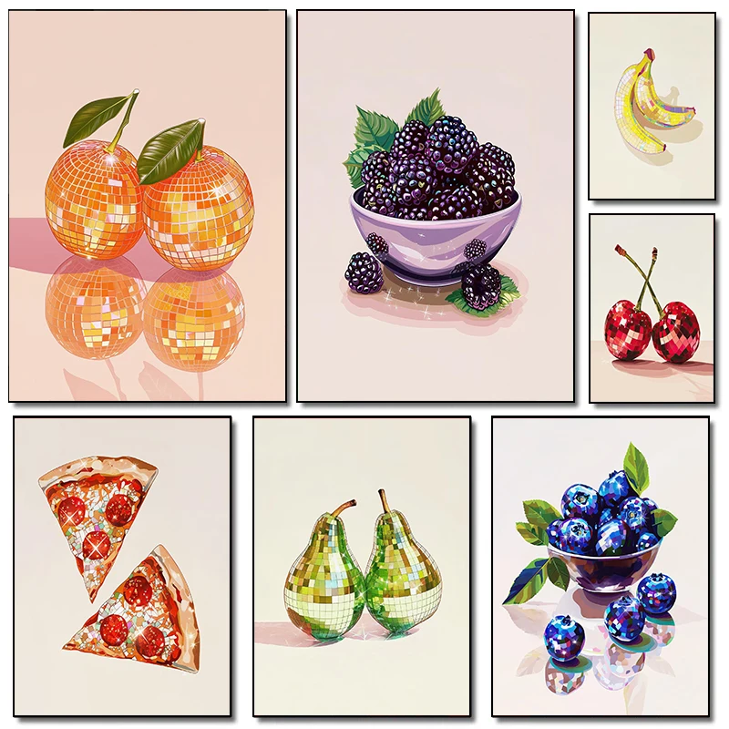 Disco Vintage Cherry Strawberry Blueberry Watermelon Lemon Fruit Art Poster Canva NEW 2026