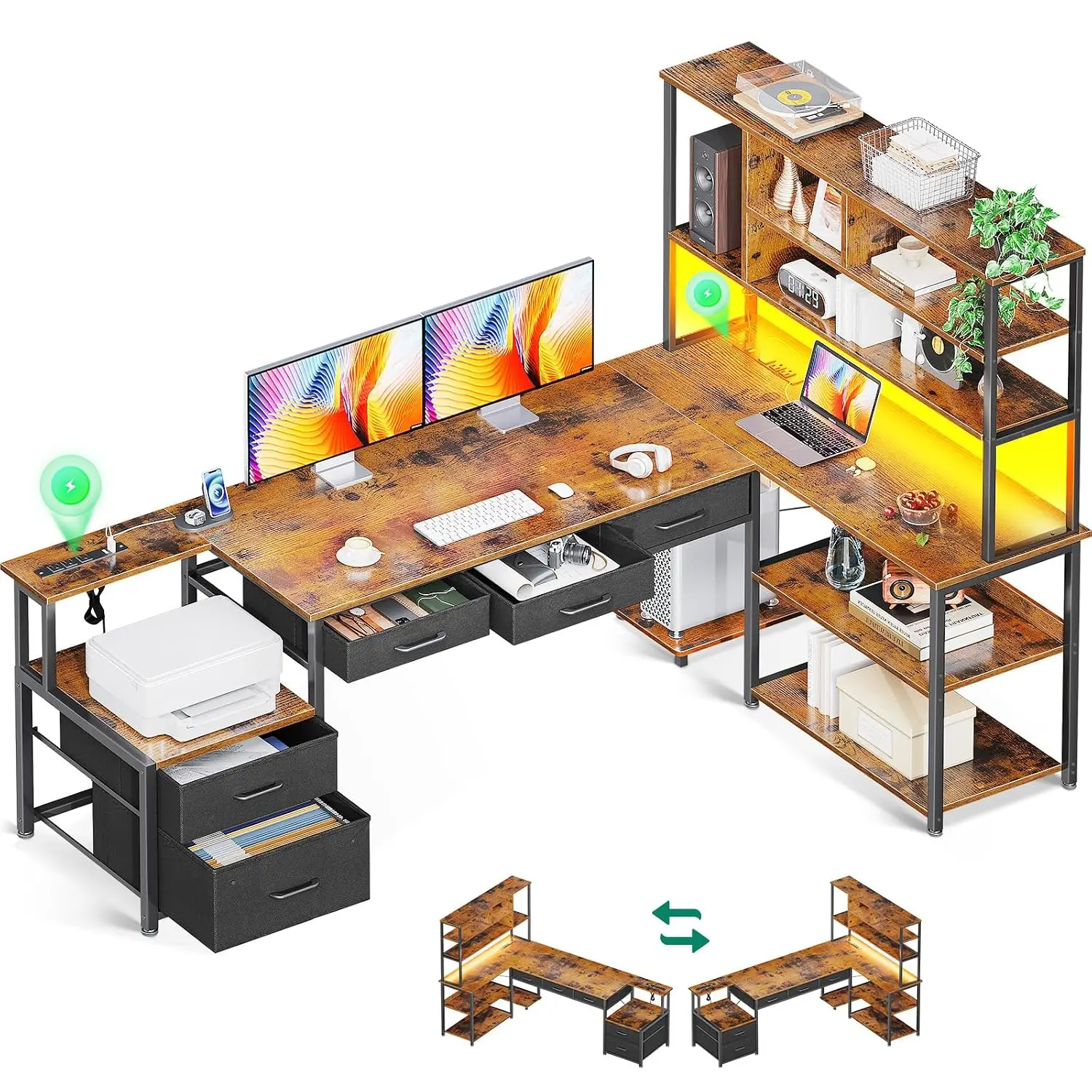 L Shaped Desk 79 Inch With 5 Drawers, LED Light & 2 Power Outlets, Customized