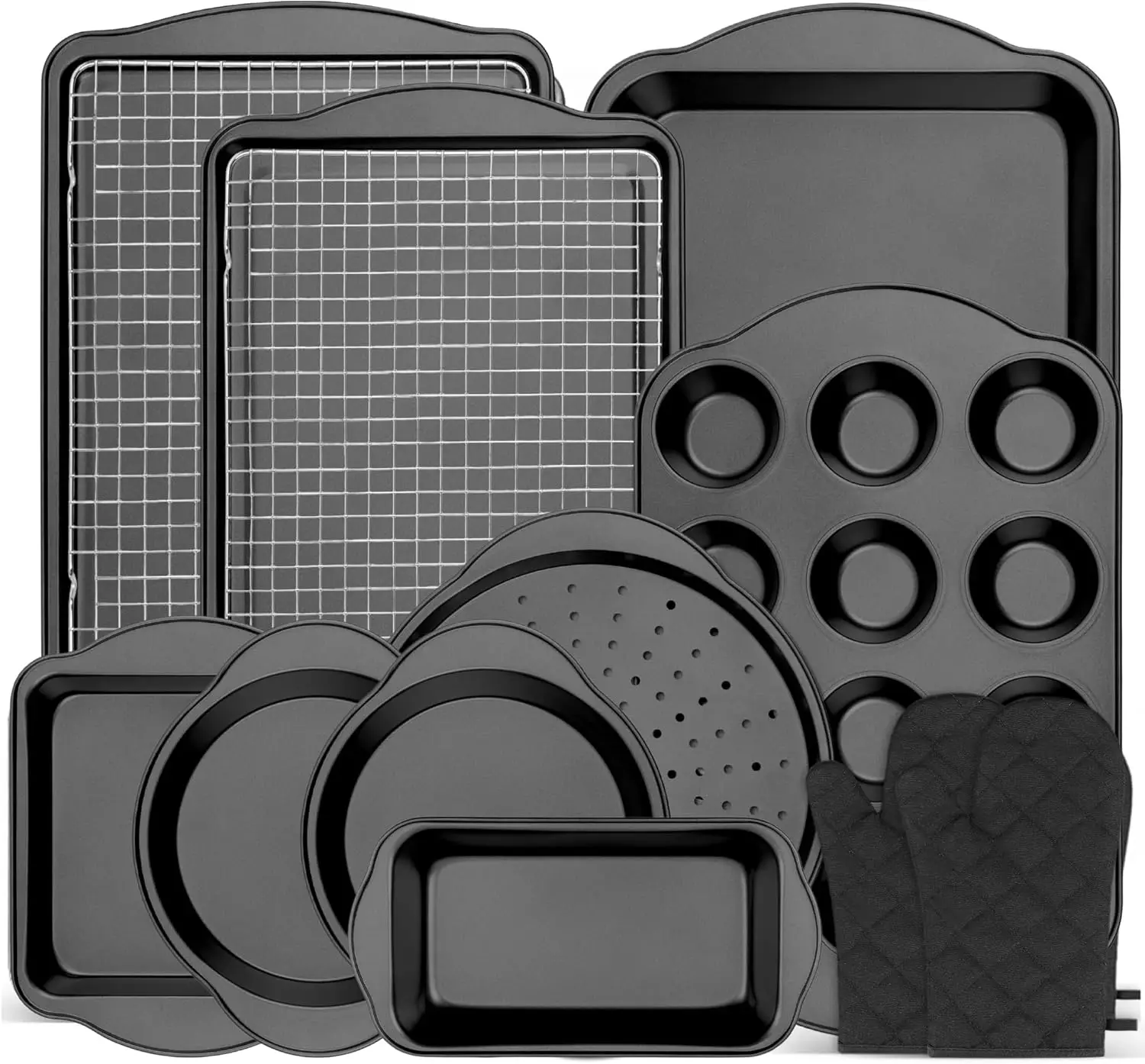 

Набор из 13 предметов для выпечки с антипригарным покрытием: формы из углеродистой стали, противни с двойными ручками, противень для запекания, противень для пиццы и термостойкие рукавицы.