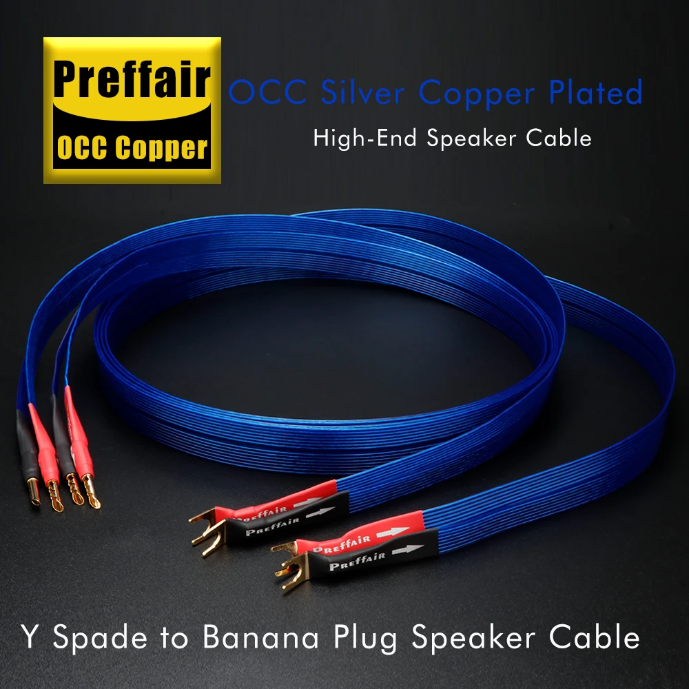 

HIFI Speaker Cables 6N OCC Blue Flat Belt Speaker Wire Silver Plated Loudspeaker cable Gold Plated Banana Y Spade Plug