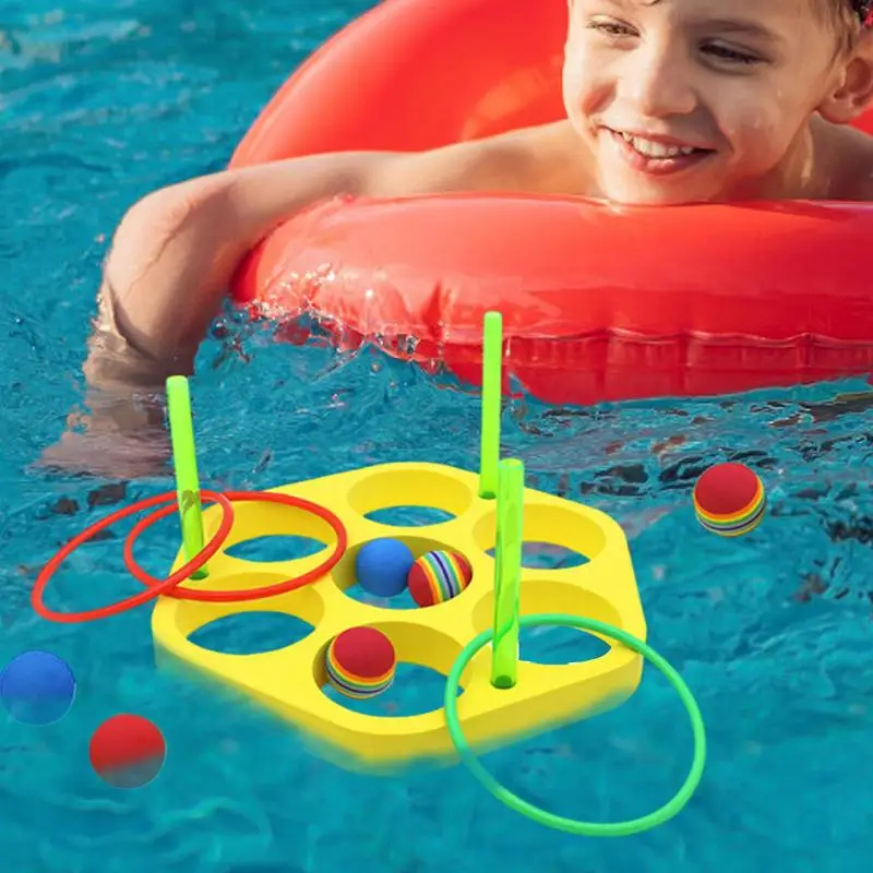 Juegos de lanzamiento de anillo de piscina, juego de piscina triangular de espuma flotante, deportes acuáticos flotantes de espuma con bolas, habilidades motoras, natación