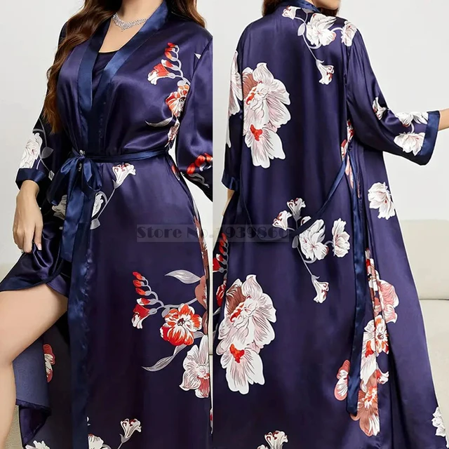 PLUS SIZE 5XL Female Long Robe Nightgown Set Navy Blue Print Flower Kimono Bathrobe Gown Spring Summer Loose Satin Home Wear AliExpress