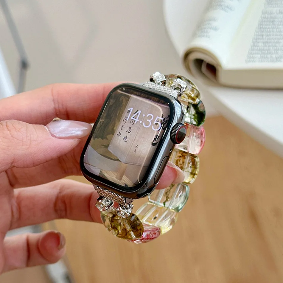 Tali Gelang Batu Alam untuk Jam Tangan Apple Seri 9 8 7 6 5 SE 4 38/40/41/42/44/45Mm Tali Elastis Modis IWatch UItra 2 49Mm