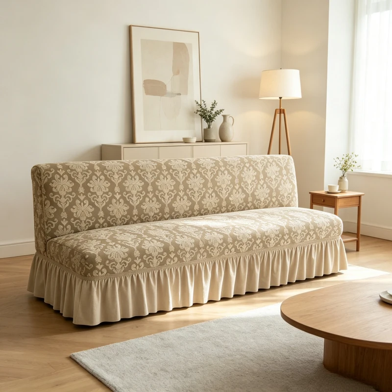 Jacquard Sofa Bed Cover with Skirt Comfortable Skin Friendly Sofa Bed Cover Breathable Dustproof Machine Washable Sofa Bed Cover
