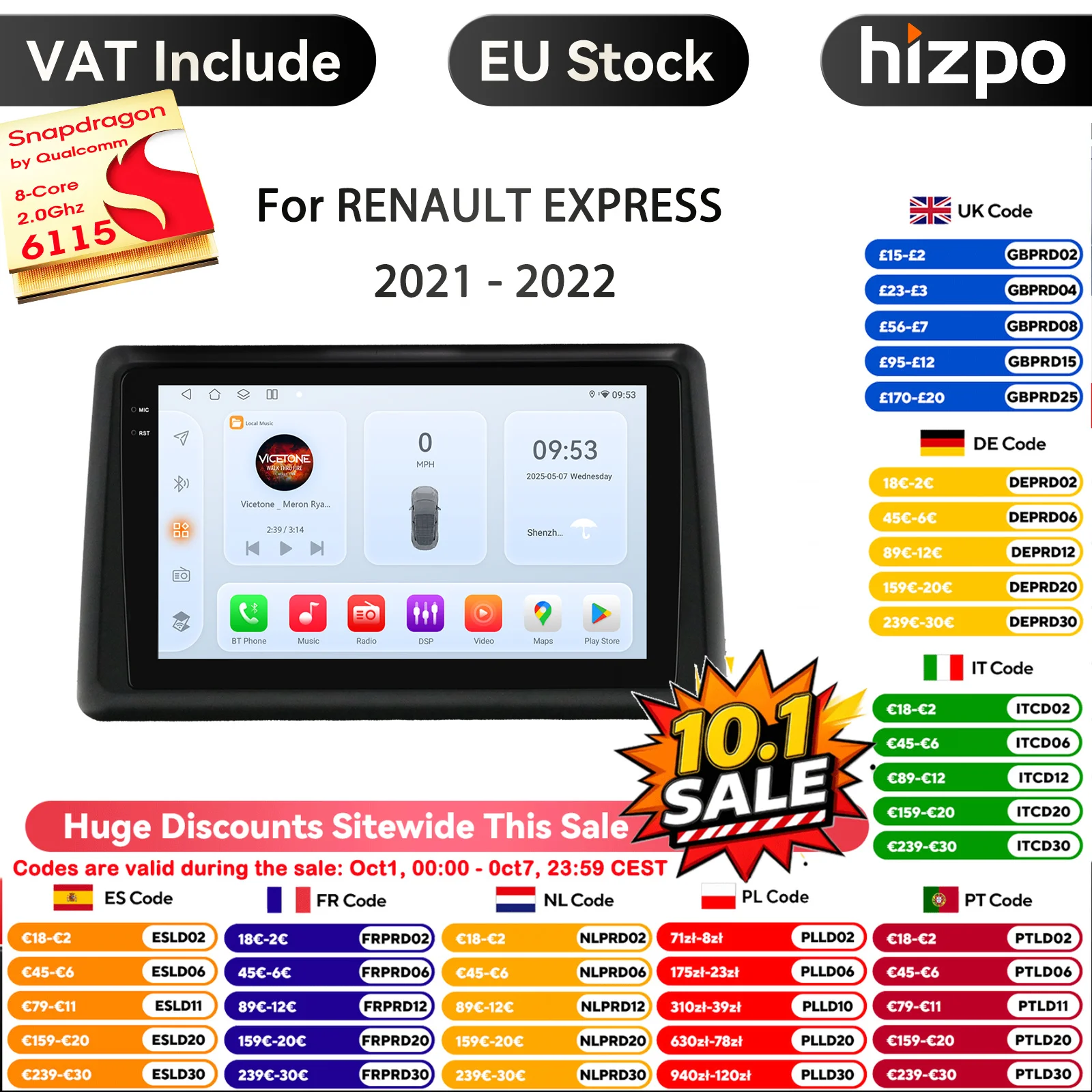 Hizpo Autoradio Android per Renault Express 2021-2022 Lettore multimediale Stereo GPS WIFI + 4G Carplay Auto Video 360 ° Audio della fotocamera