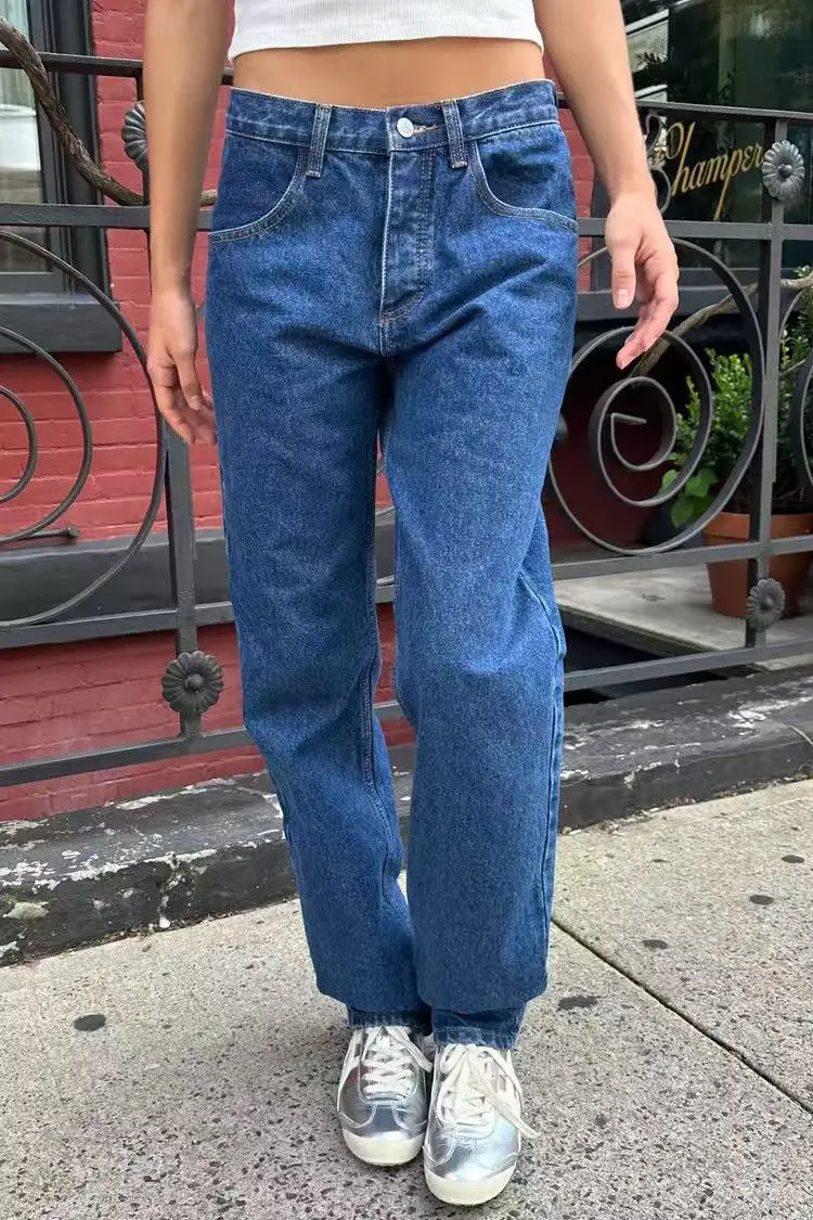 

Blue Distressed Straight Jeans Women Button-up Mid Waist Pocket Denim Trouser Autumn New Vintage Loose All-match Casual Pants