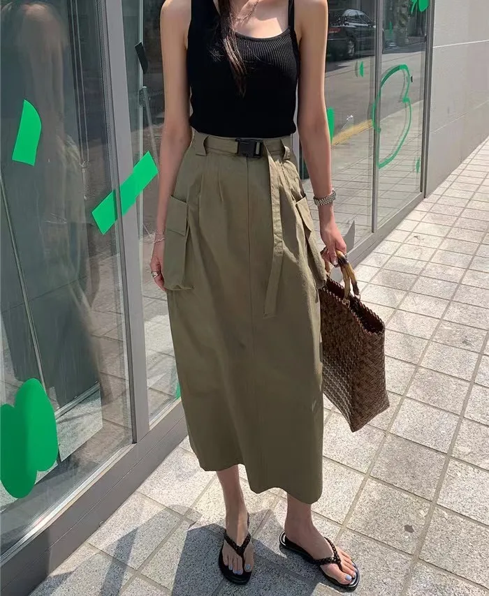 Cintura alta lado ket midi saia feminina verão casual faion retro emagrecimento saia longa cor pura a linha saia