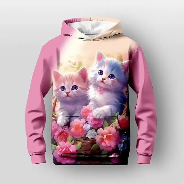 Bloemen Cartoon Kat 3D Print Hoodies Dames Oversized Sweatshirt Met Capuchon Straat Y2K Tops Trainingspak Unisex Jas Kleding