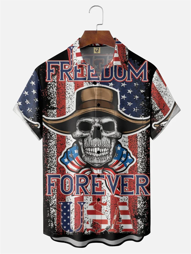 New Skull 3D Printed Christmas America Flag Shirt For Men Clothes Terror Skull Graphic Shirts Hawaiian Beach Shirt Short Sleeved