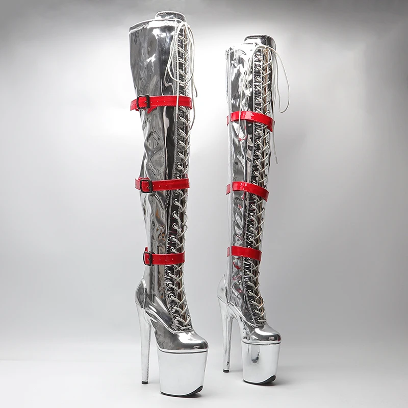 

Leecabe 20CM/8inch Silver with Red Patent Fashion trend Pole dancing High Heel platform Boots