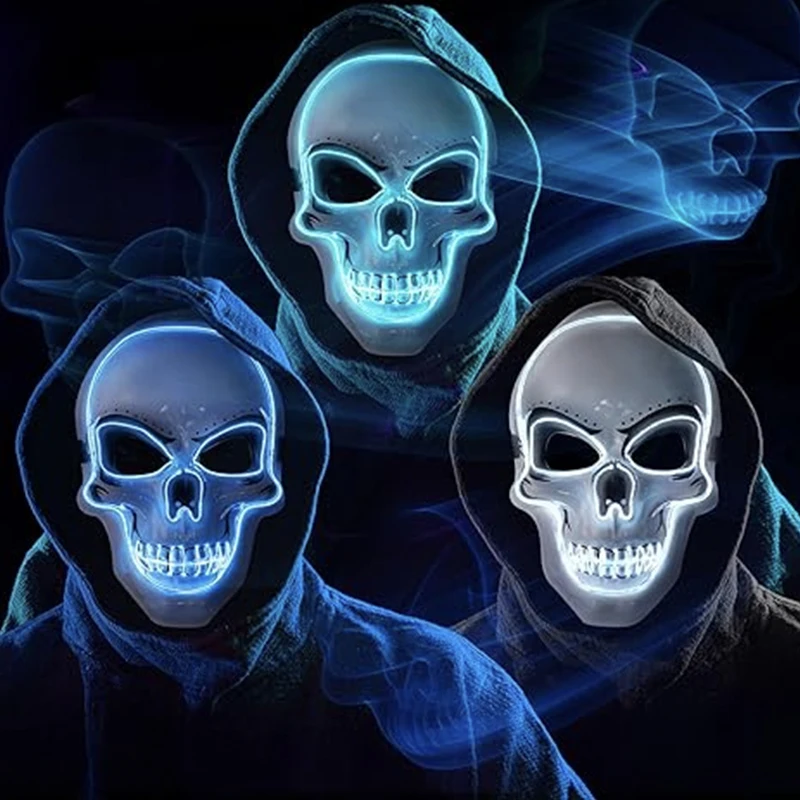 El Wire-Máscara de calavera con luz LED para adultos, máscara de esqueleto brillante para Halloween, suministros de Cosplay para adultos, máscara intermitente de terror para hombres y mujeres