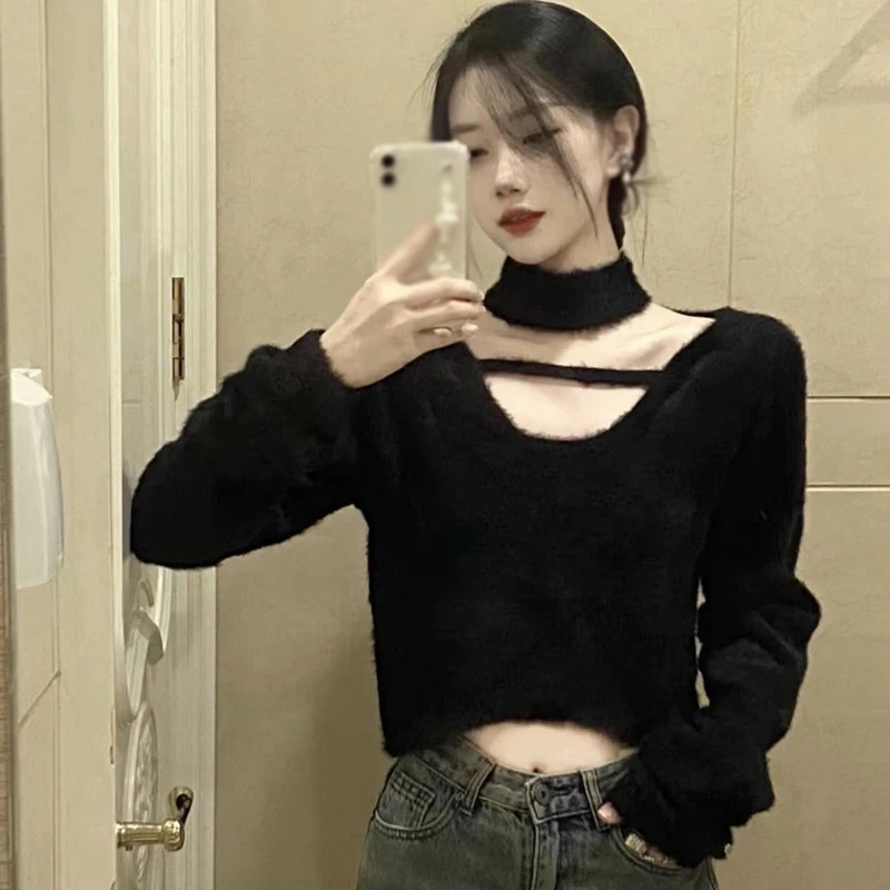 

Женский ажурный свитер с V-образным вырезом, однотонный пуловер с длинным рукавом из искусственной норки, повседневный вязаный свитер свободного покроя на осень и зиму