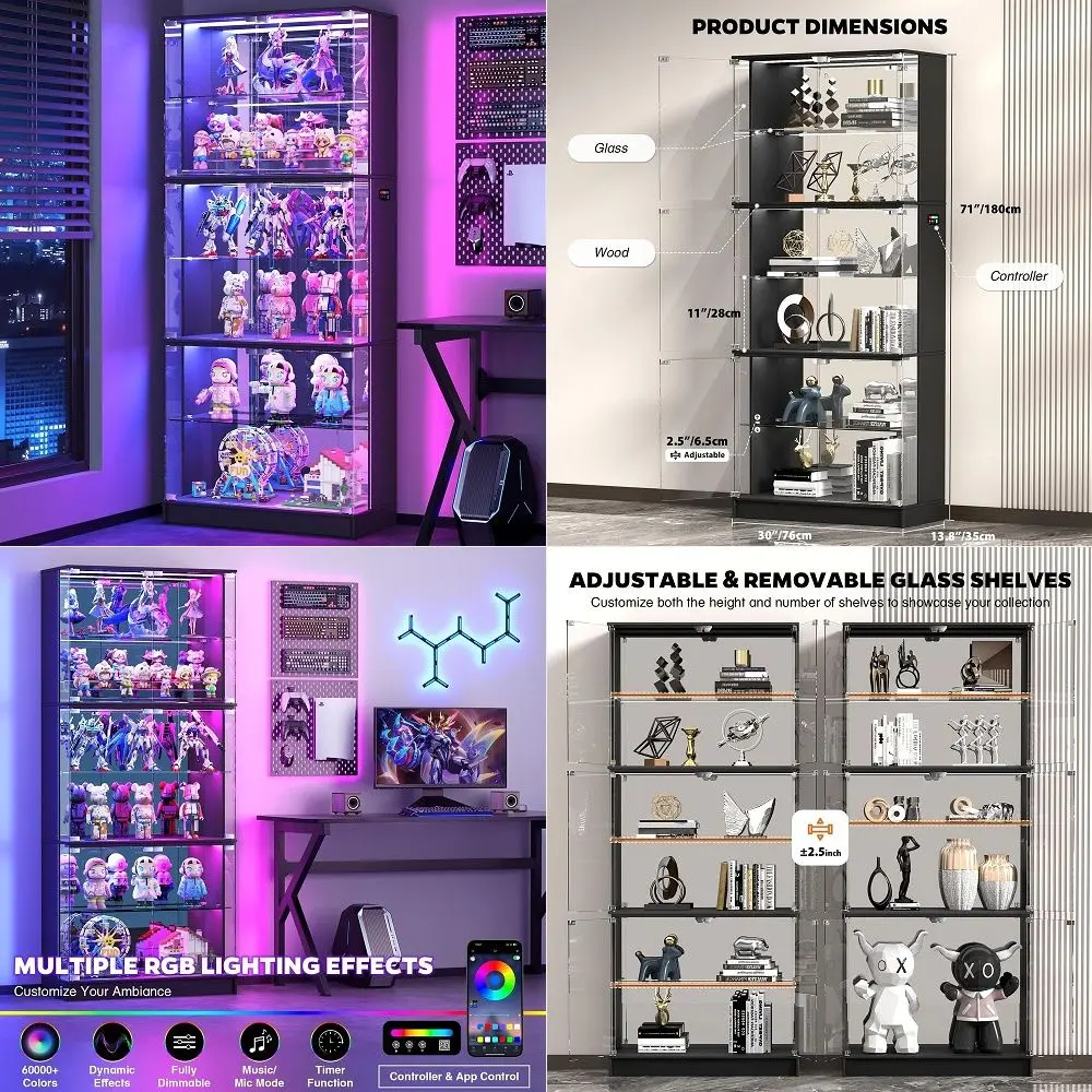 Display Cabinet with Glass Doors, 6Tier 71 Tall Curio Cabinet with RGB Lights for Collectibles, Display Case with Adjustable Gl