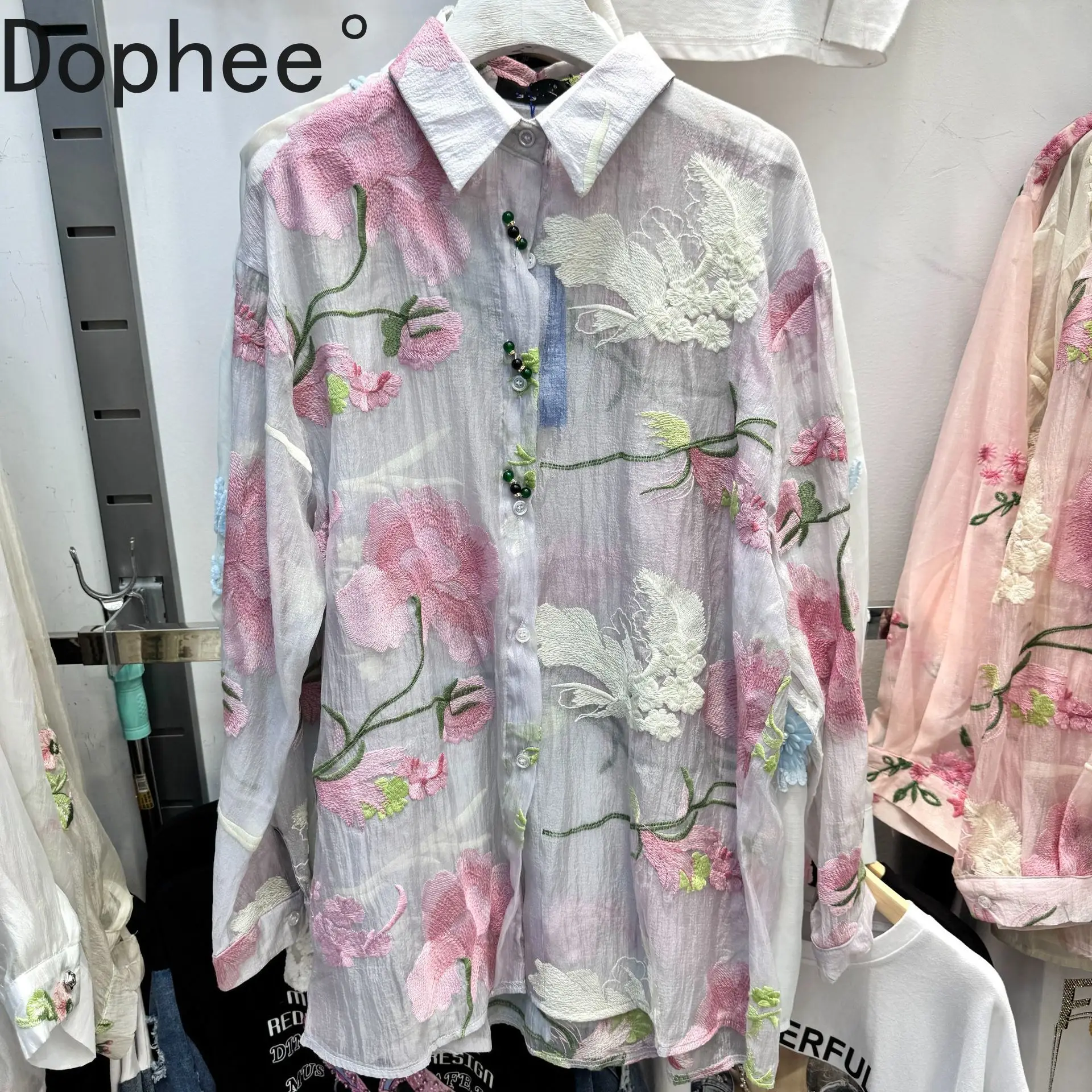 

Spring Summer Women Sunscreen Clothing Flower Embroidery All-match Loose Cardigans Top Single-breasted Long Sleeve Female Shirts