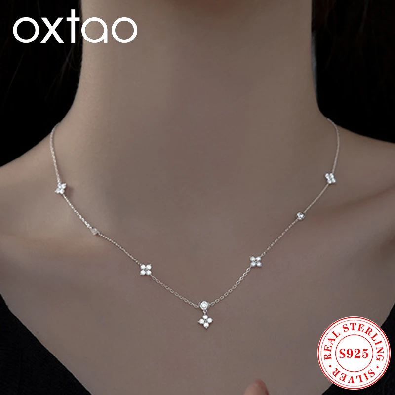 

OXTAO Luxury Moissanite Choker Necklace Bracelet 2mm&3mm D VVS1 for Women Four-leaf Flower 925 Sterling Silver Chain Jewelry Set