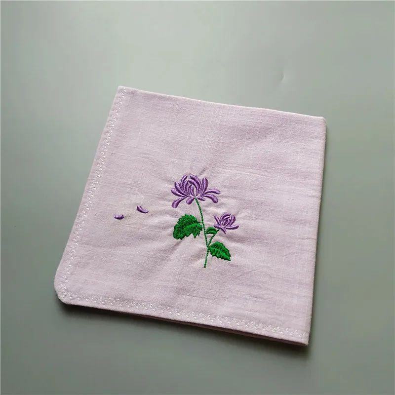 Chinese Style Chrysanthemum Embroidered Cotton Linen Handkerchief Unisex Sweat Absorbent Vintage Lucky Auspicious Custom Gift
