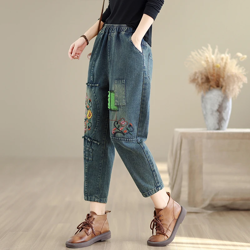 Retro patchwork geborduurde denim broek dames losse elastische taille negendelige harembroek lange katoenen broek herfst Faion