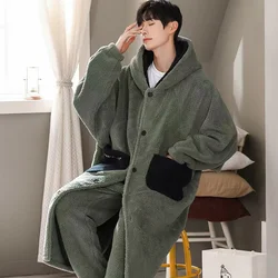 Coral Fleece Pijama Sets Men's Winter Thicken Warm Bathrobe Suits Two Pieces Hooded Home Clothes Male Loungewear Nightwear