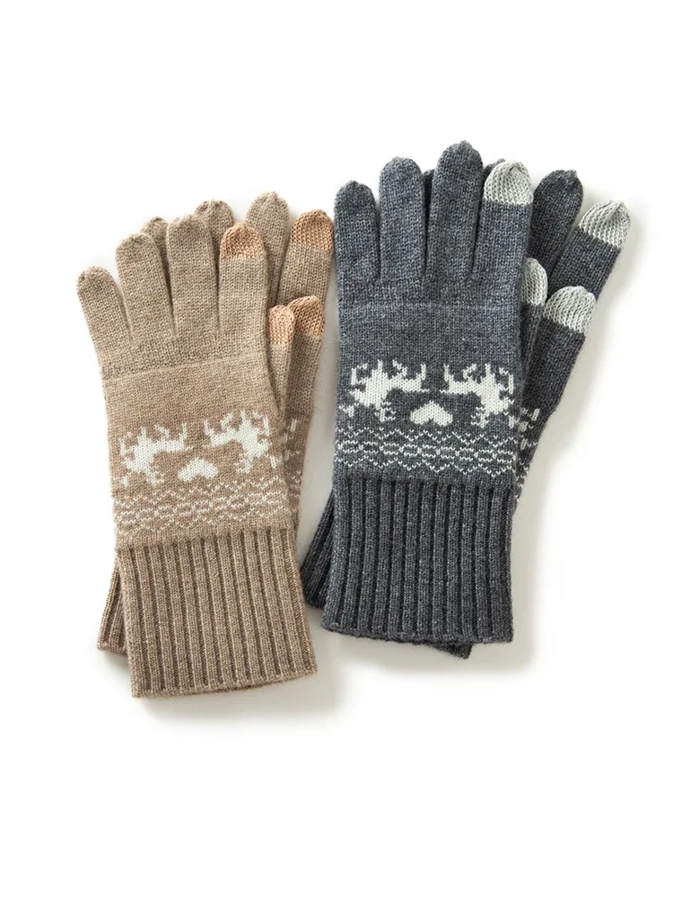 Women 100% Cashmere Jacquard Knitted Gloves Touchscreen Autumn Winter Christmas Gloves Warm Wrist Length Classic Female Mittens